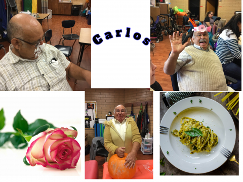 Carlos with shaving cream all over his face, wearing funny hat, in Halloween costume. a rose and plate of pasta.  