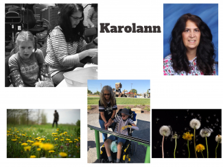 Pictures of Karolann one of her working with a student, on helping a student play the piano, her school pictures, and pictures of dandelion  